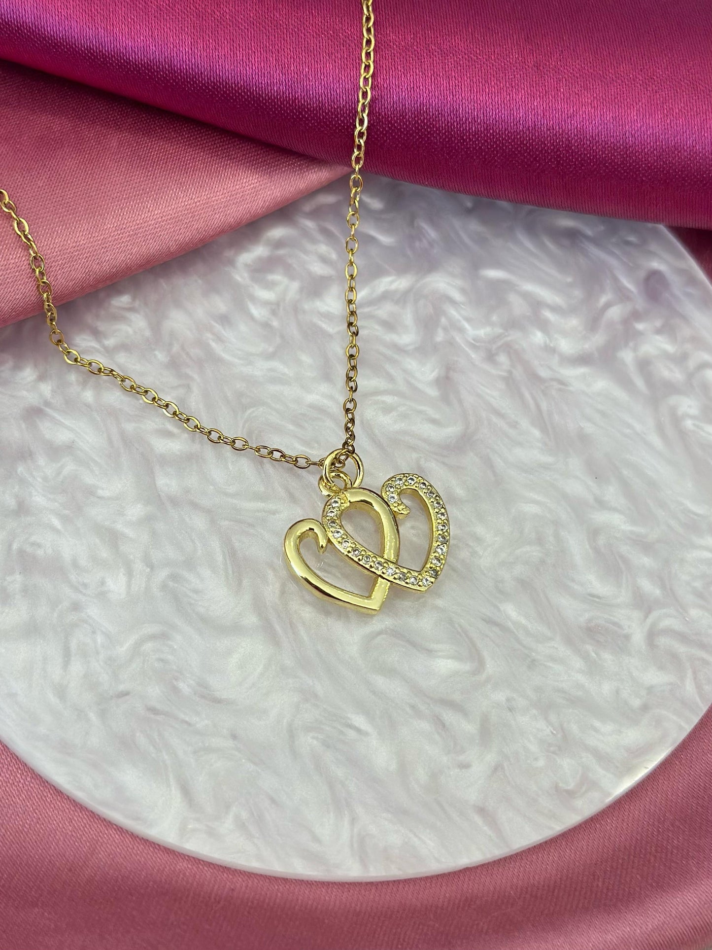 Collar doble corazon hueco zirconia #VV