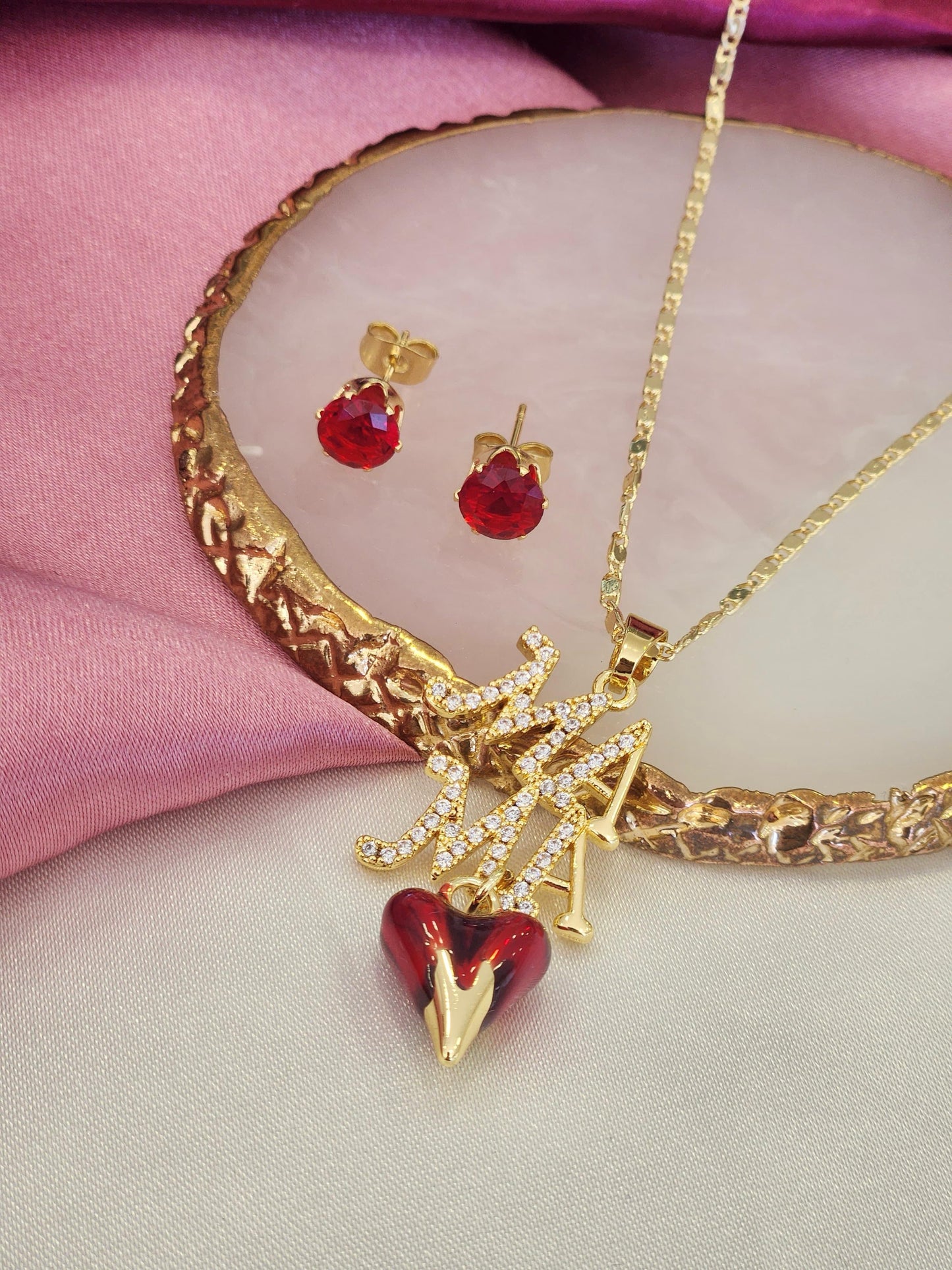 Set collar y aretes mama rojo zirconia con corazon puntiagudo #B5