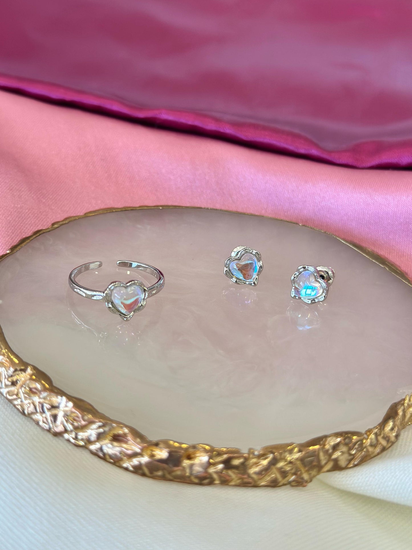 Juego/set aretes y anillo corazon plateado #13