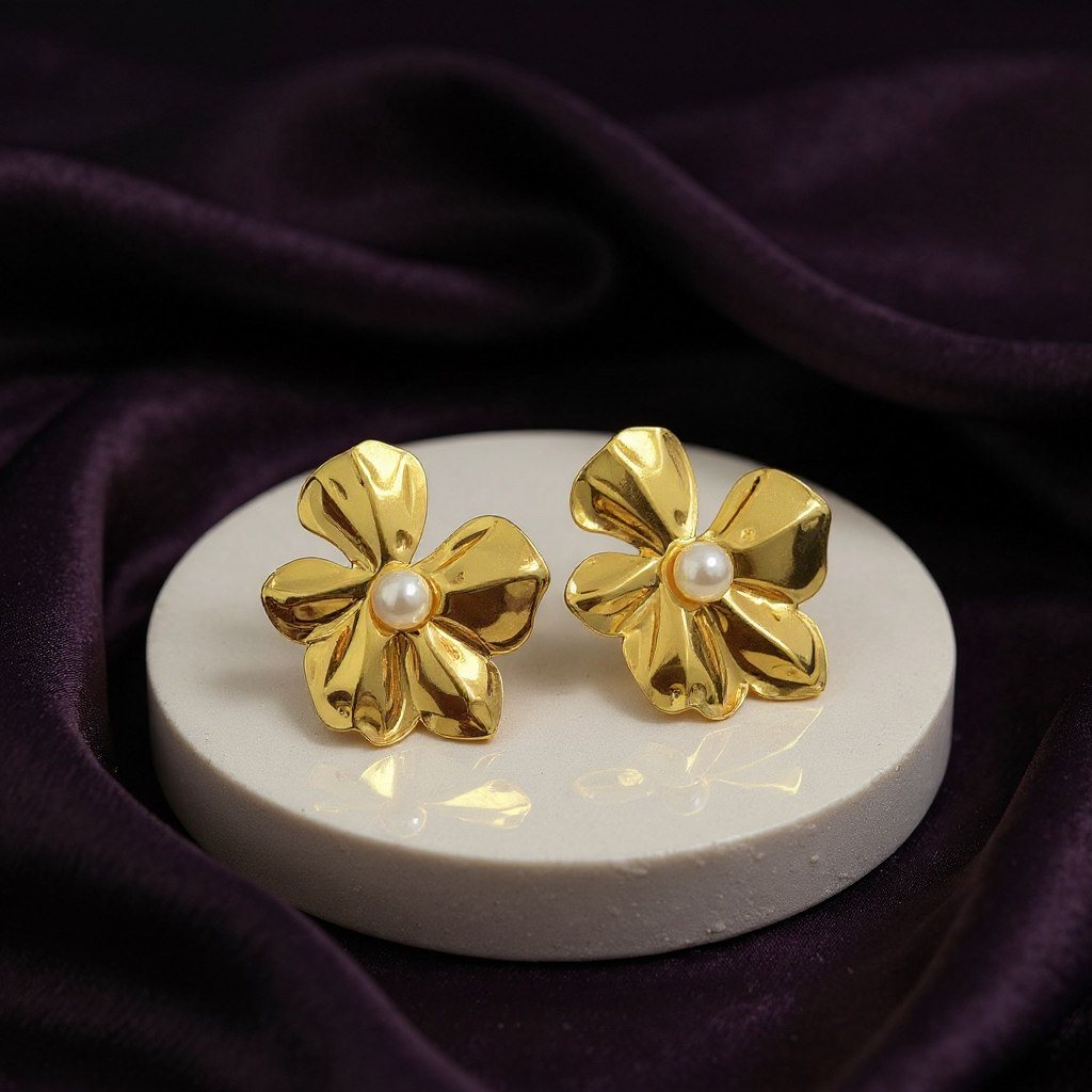 Aretes flor petalos con perla central #F35