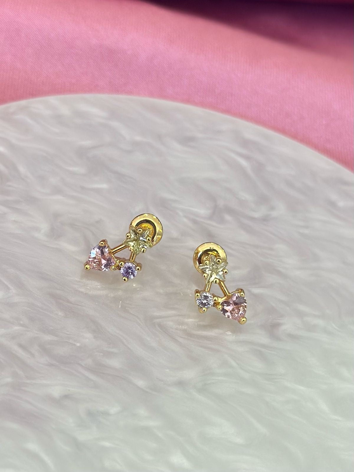 Aretes estrella corazon rosa punto cereza zirconia #C134