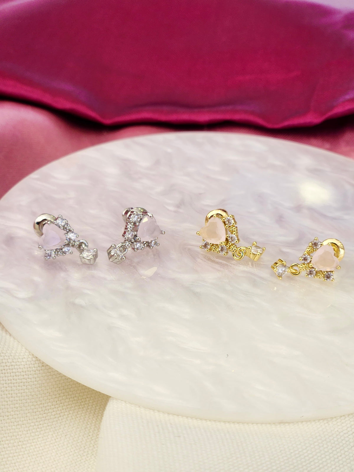 Aretes corazon rosa punto zirconia #C134