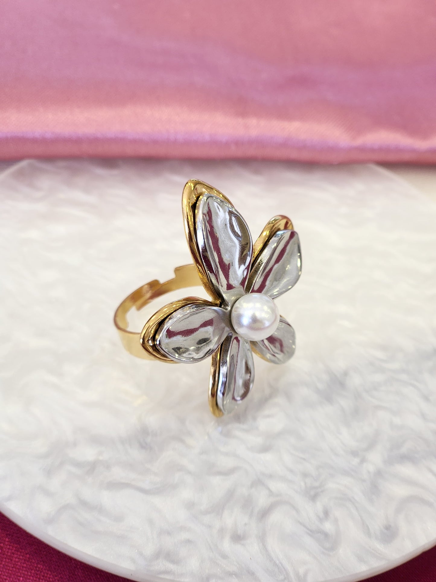 Anillos bicolor perla flor #G21