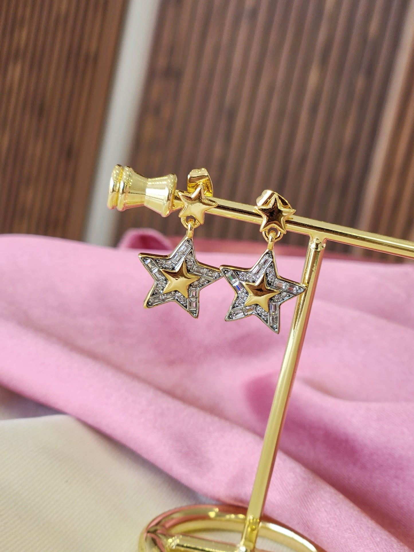 Aretes doble estrella colgante bicolor #E10