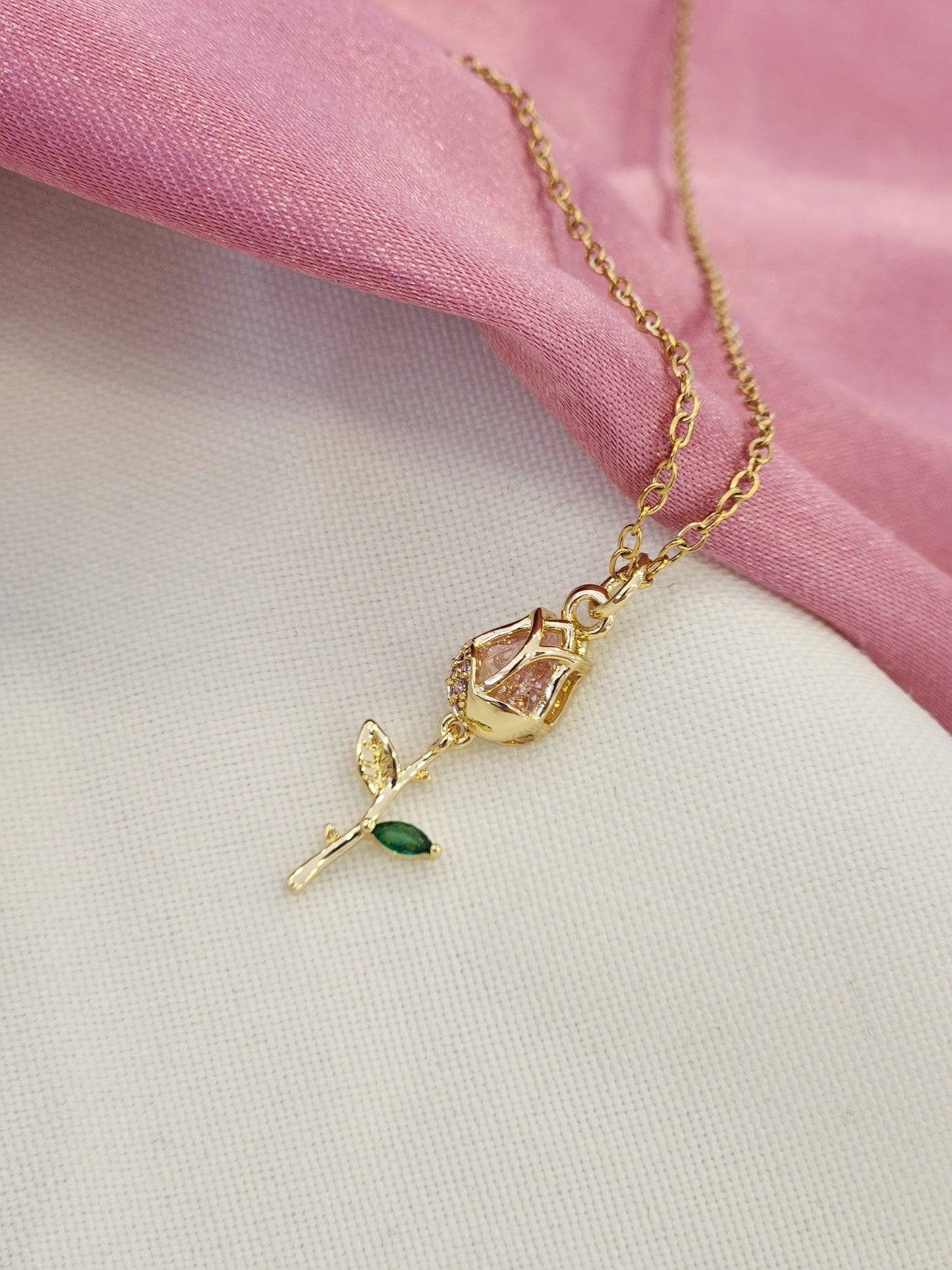 Collar tulipan zirconia rosa y verde #U