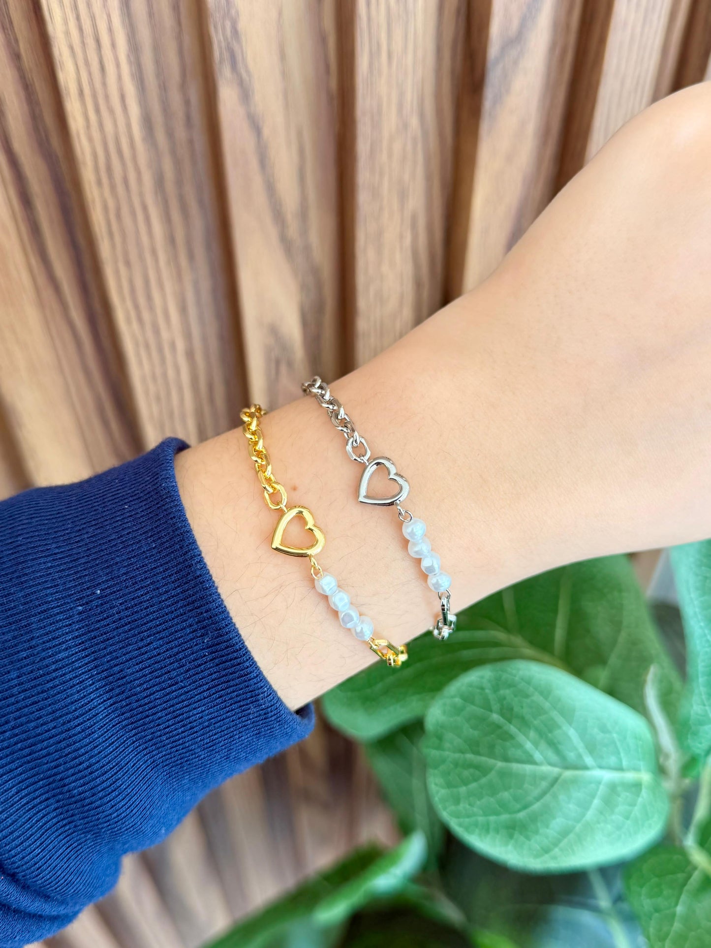 Pulsera corazon perla eslabones delgados y mini #0