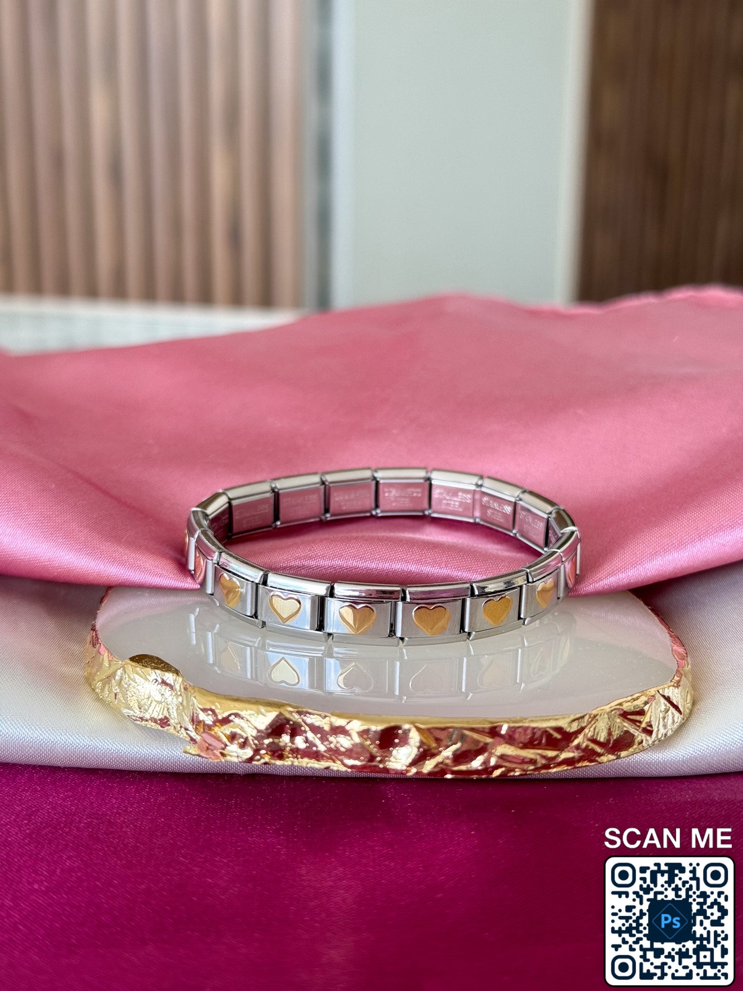 Pulsera italiana plateada corazon solido #E7.2