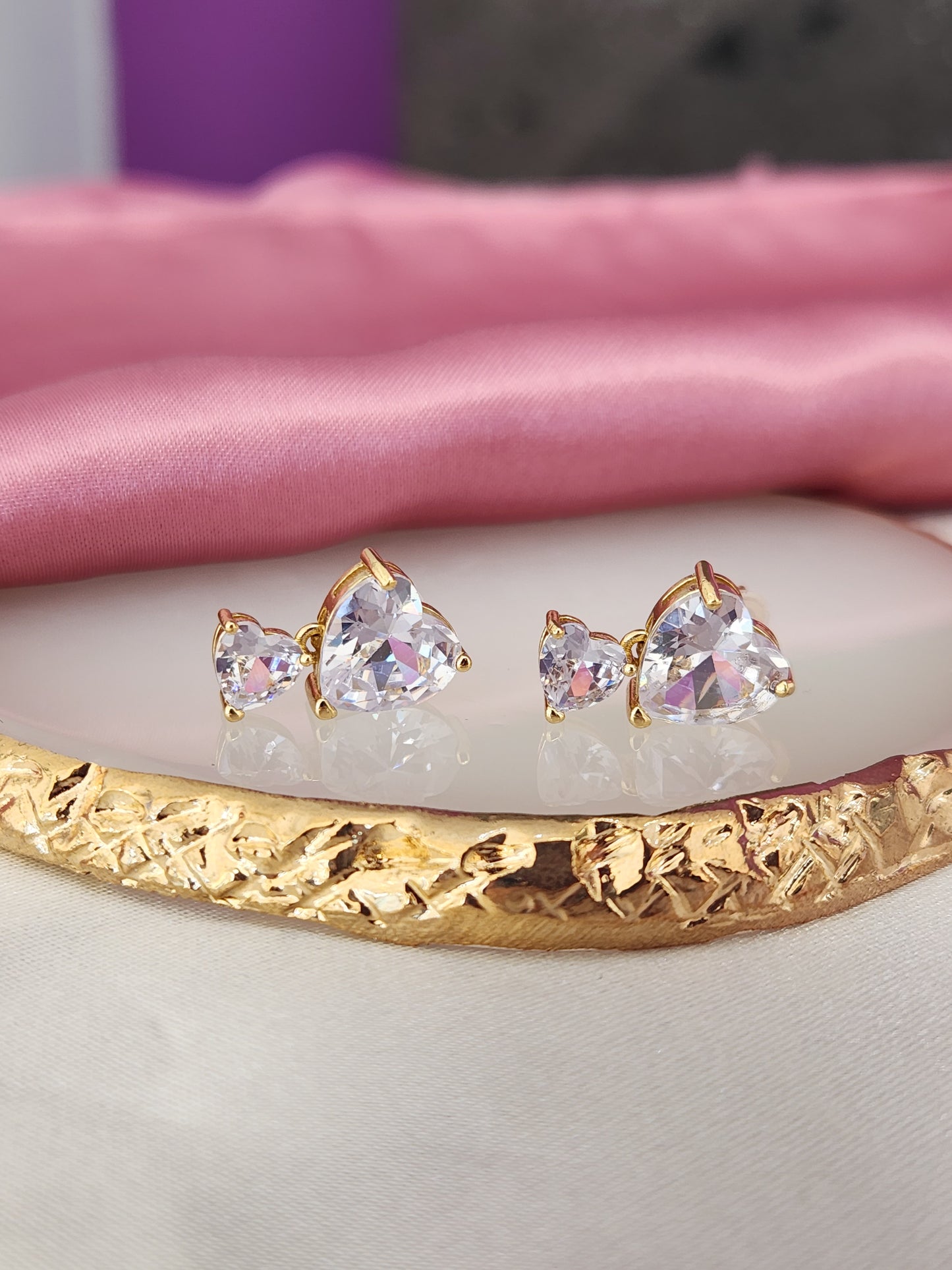 Aretes corazon dorado doble cristal #C119