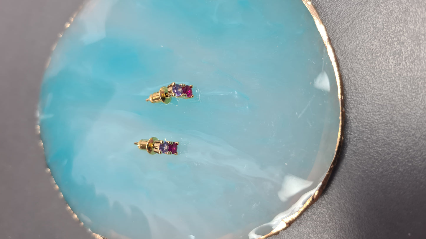Aretes doble piedra Zirconia rosa morado #53A