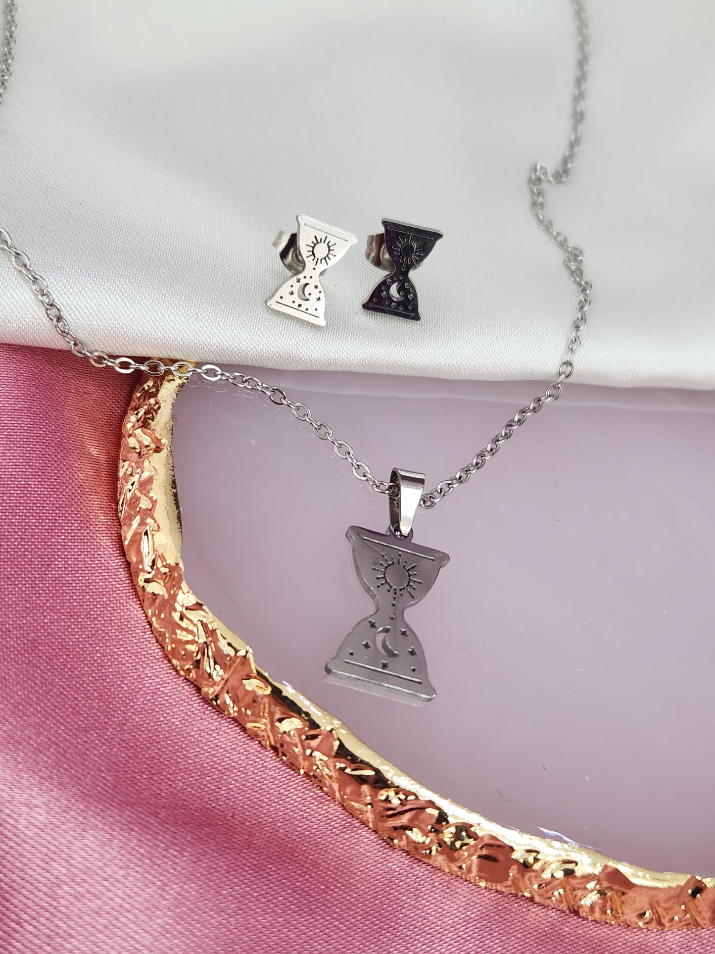 Collar y aretes reloj arena plateado acero #44