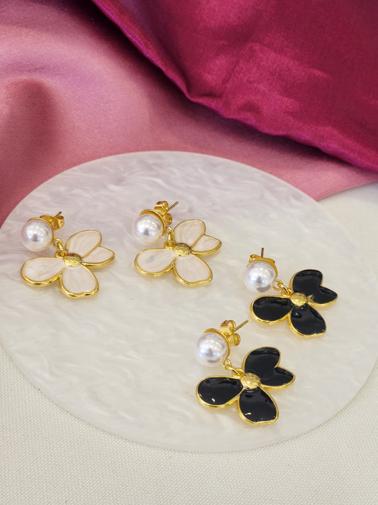 Aretes perla flor 4 petalos colgante #K54