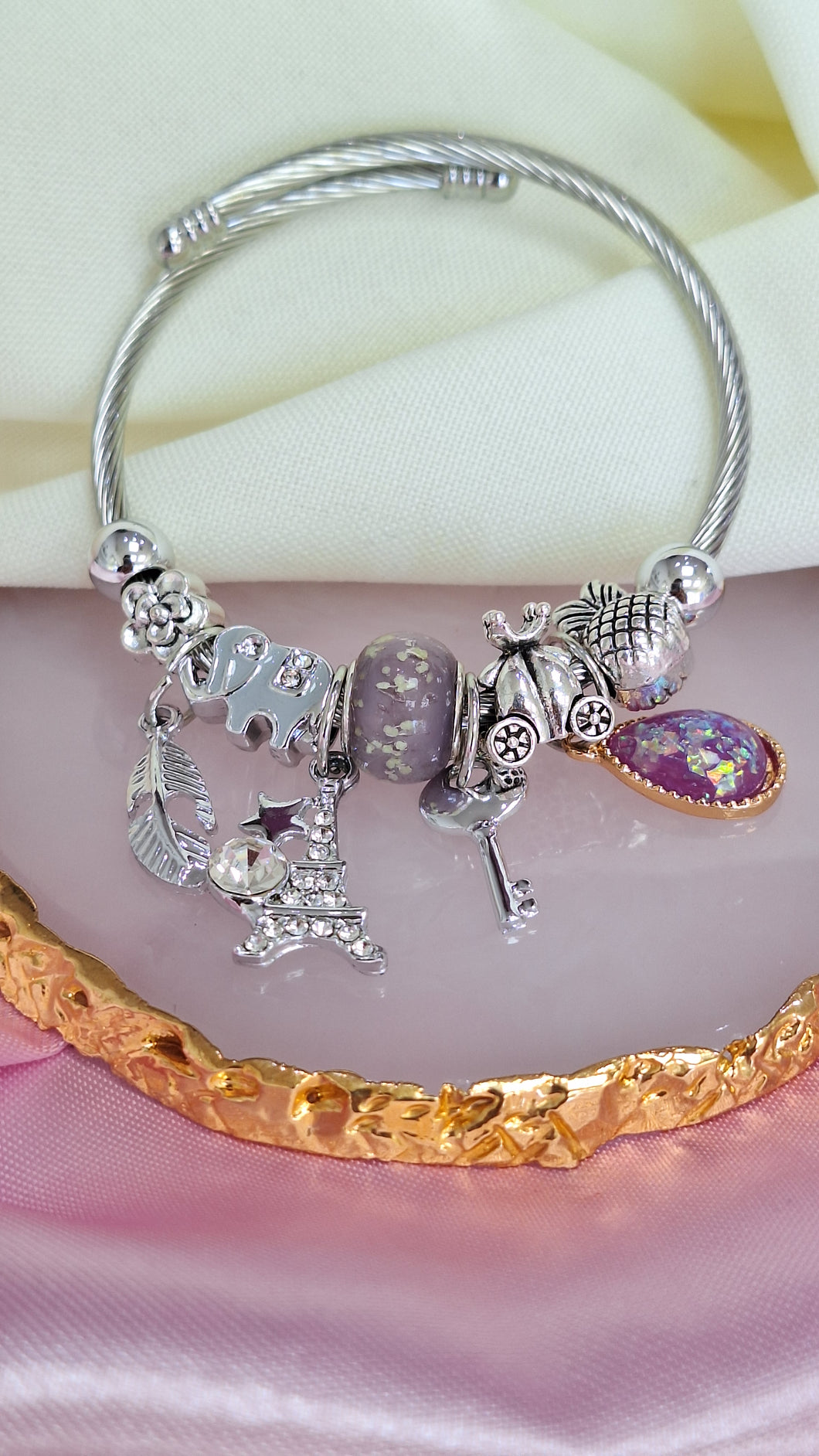 Pulsera tipo pandora con charms elefante hoja torre #A11