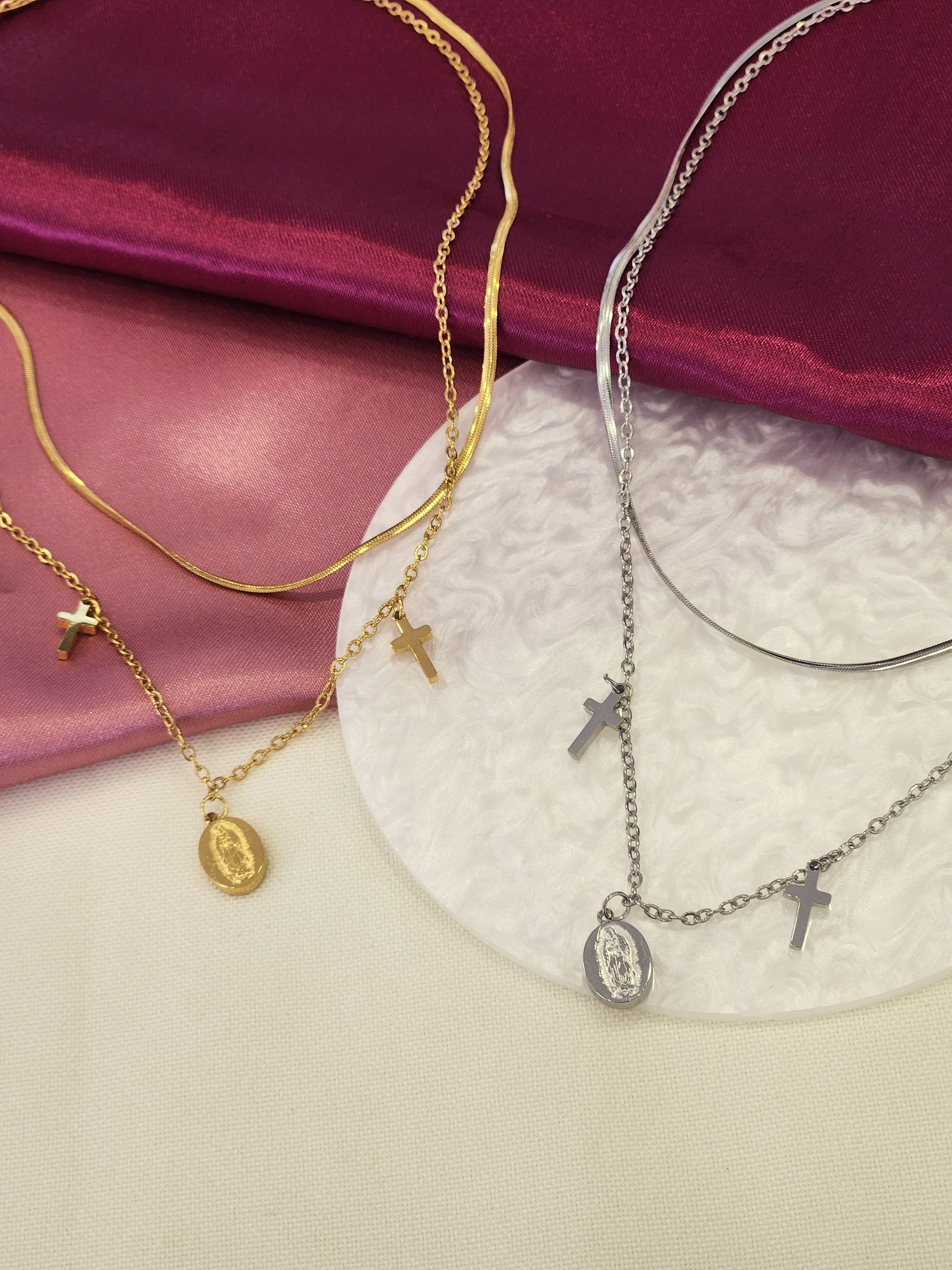 Collar doble (plana mini y dijes religiosos) #F27