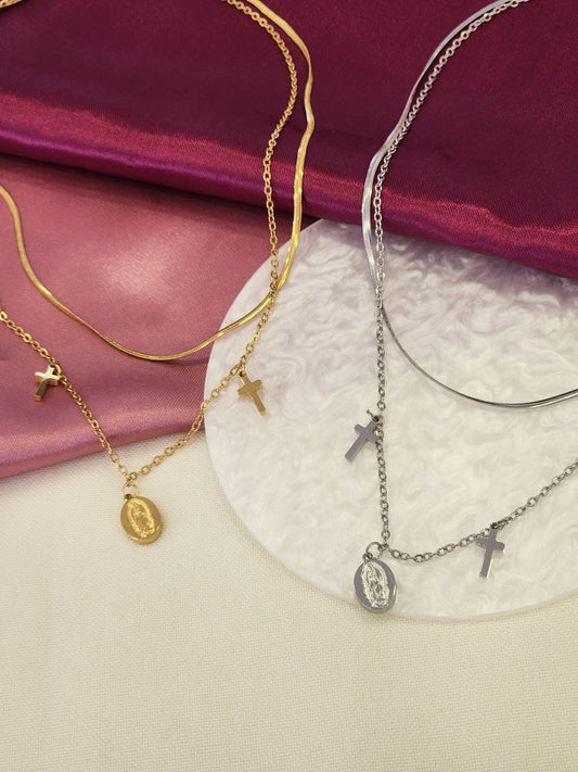 Collar doble (plana mini y dijes religiosos) #F27