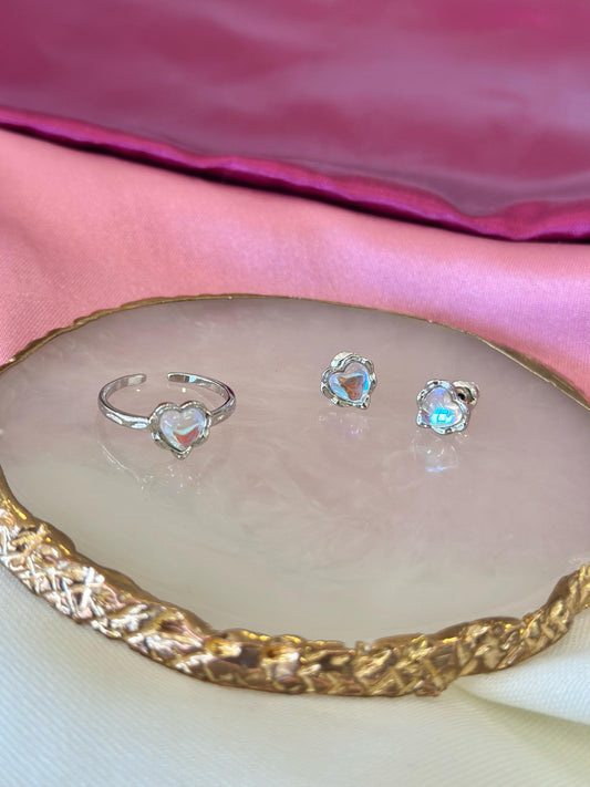 Juego/set aretes y anillo corazon plateado #13