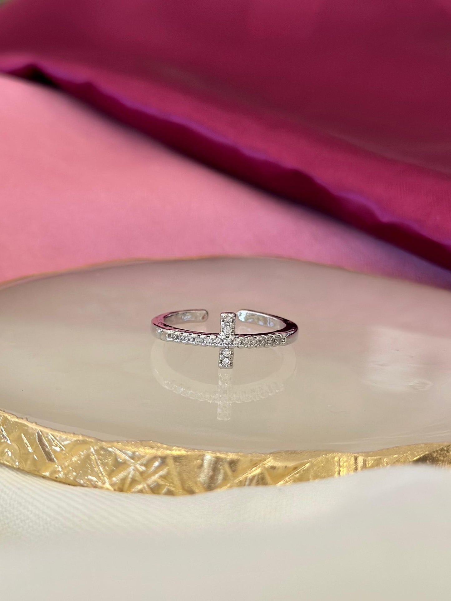 Anillo linea cruz zirconia plateado #232