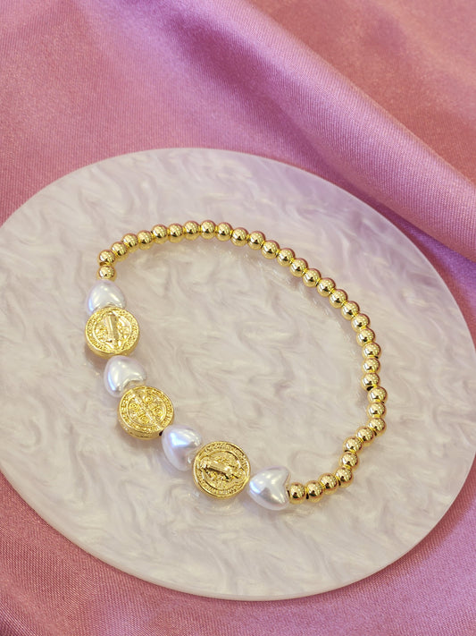 Pulsera san Benito bolitas corazones perla  #A0.6