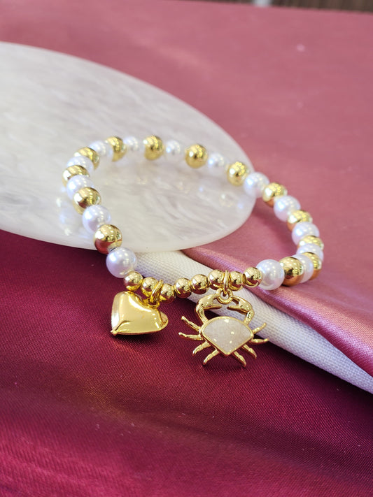 Pulsera perla bolitas doradas corazon cangrejo #E20