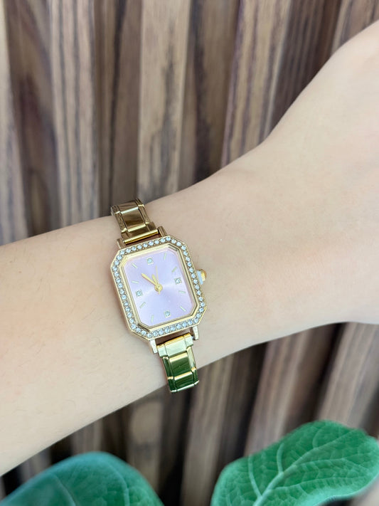 Reloj dorado brillos zirconia contorno rosa #J12