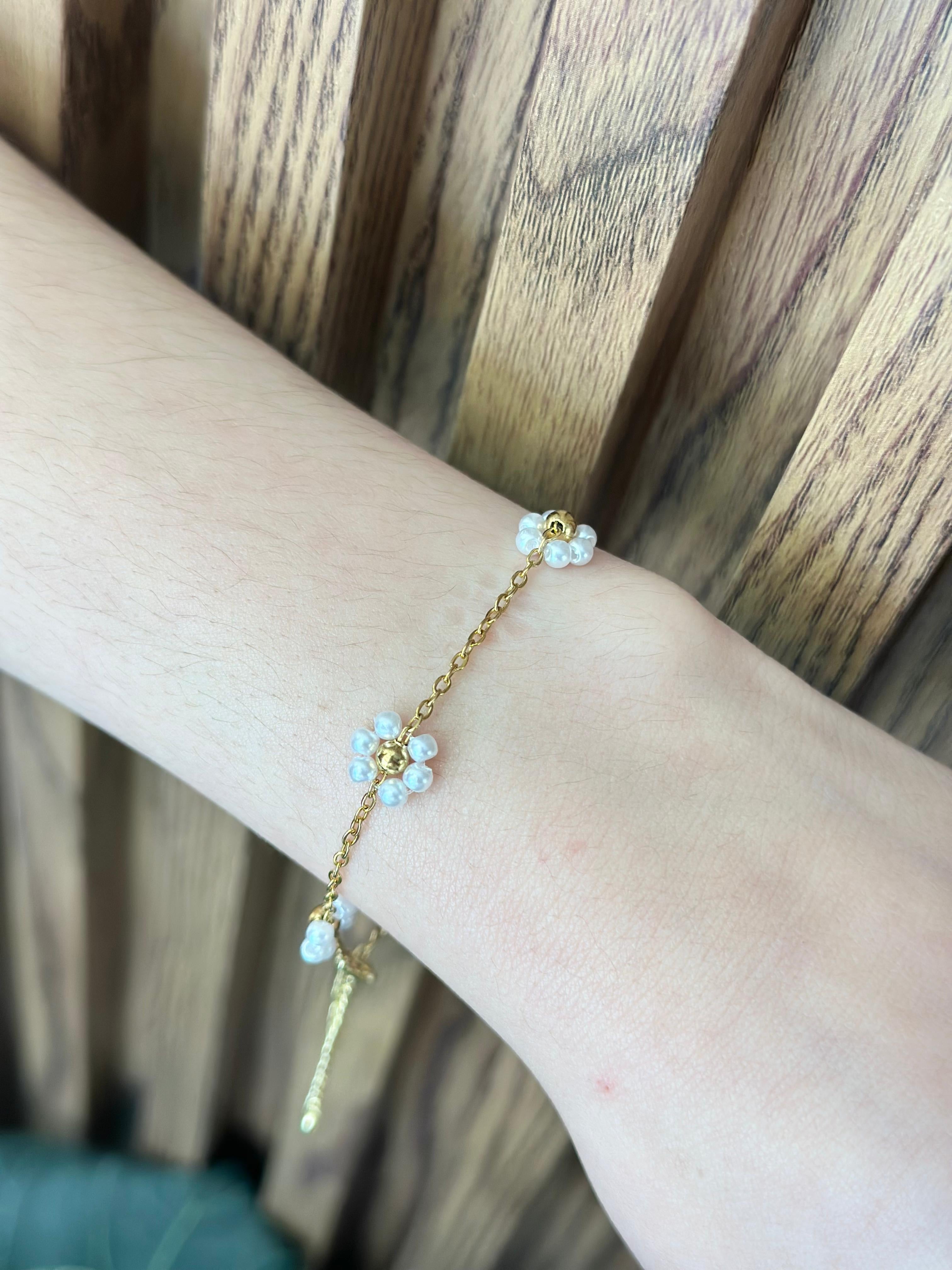 Pulseras flores perlas bolitas doradas #G2