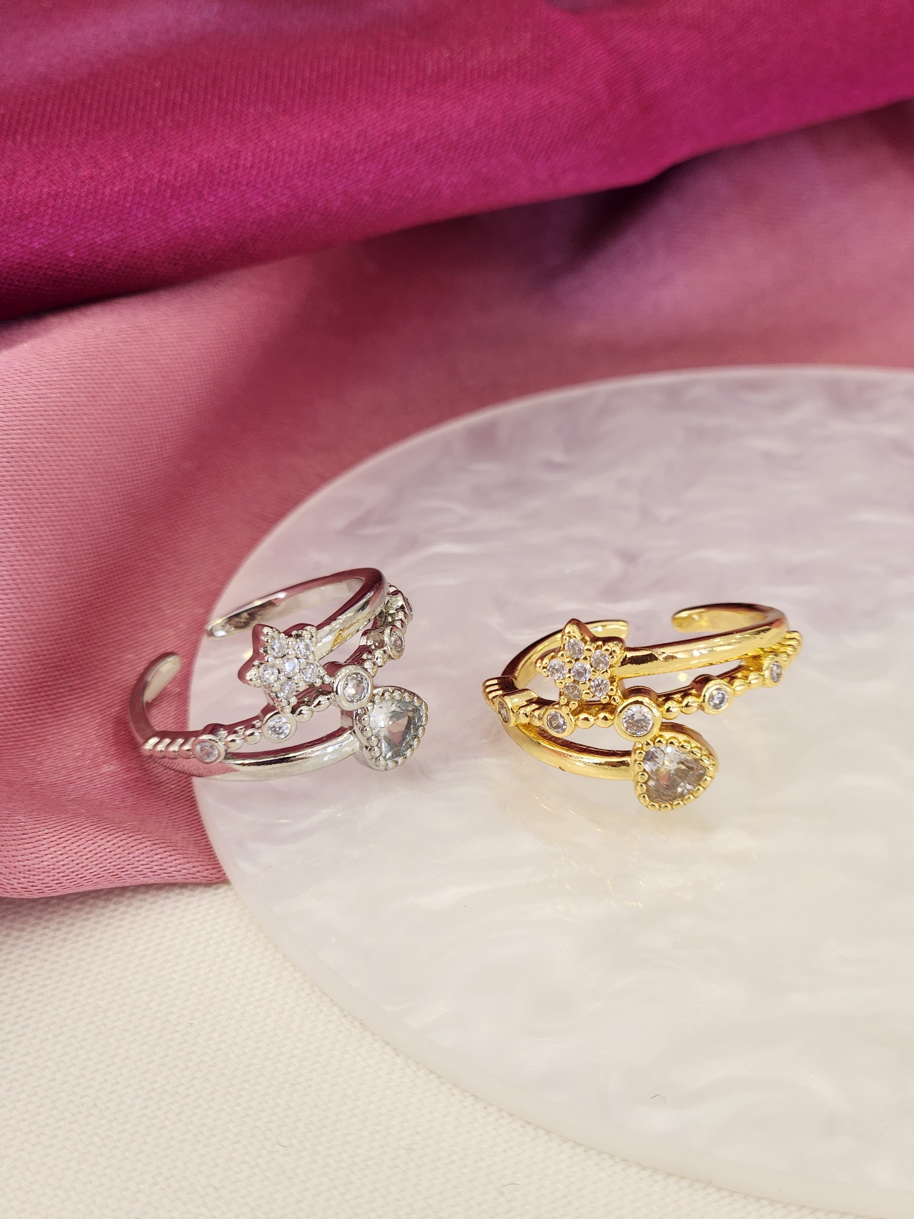 Anillo triple zirconia estrella corazon