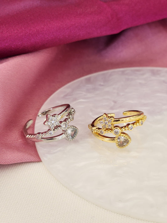 Anillo triple zirconia estrella corazon