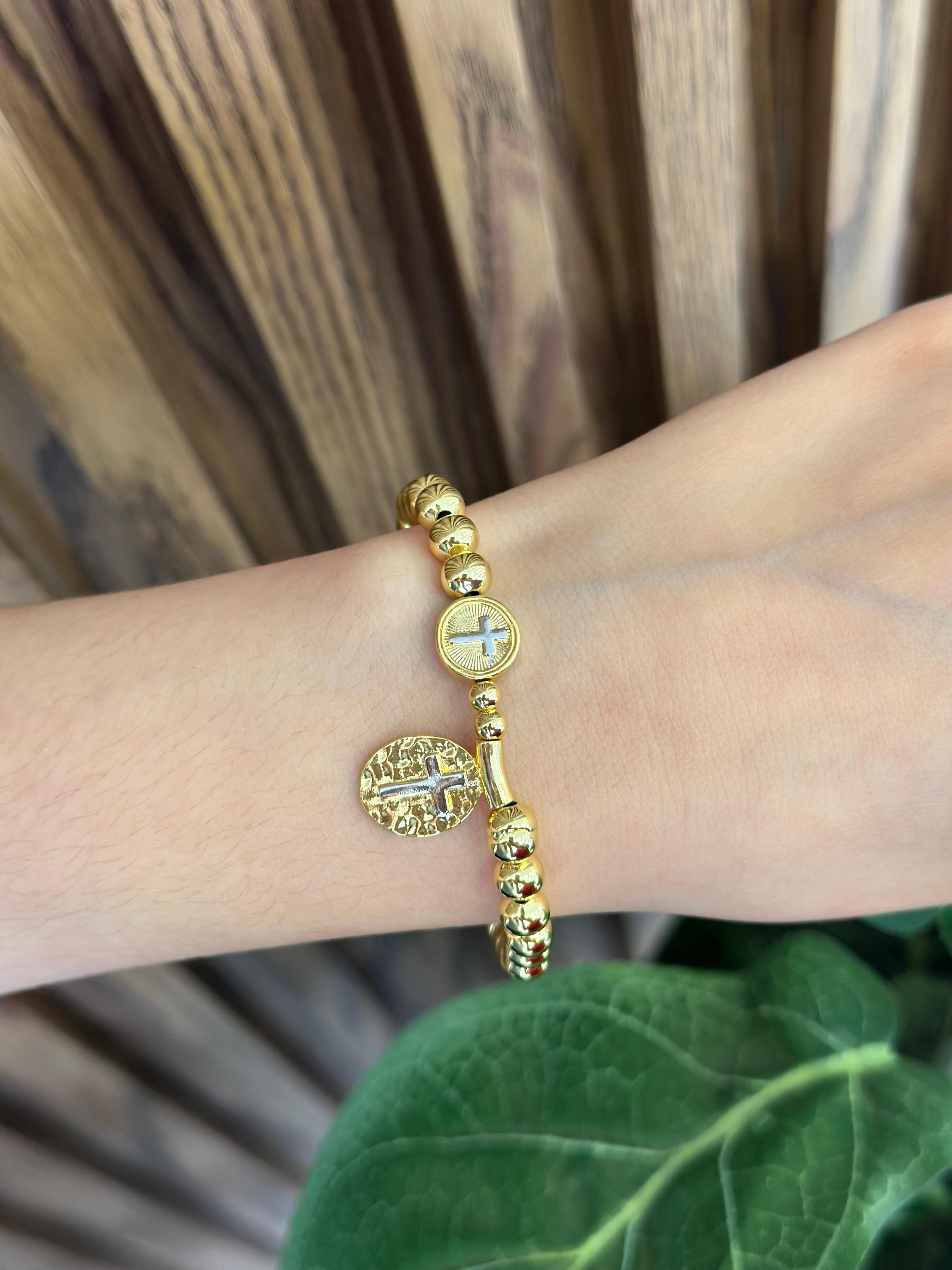 Pulsera bolitas cruces bicolor