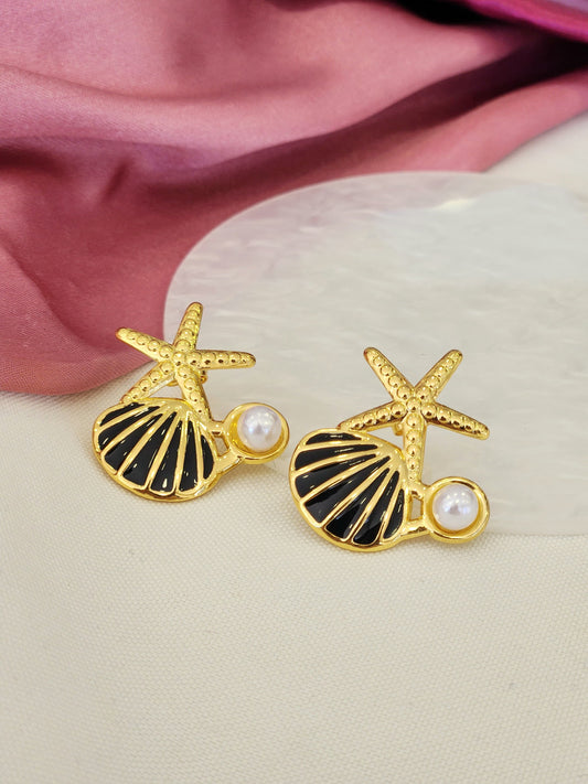Aretes estrella de mar, concha negra y perla #J11