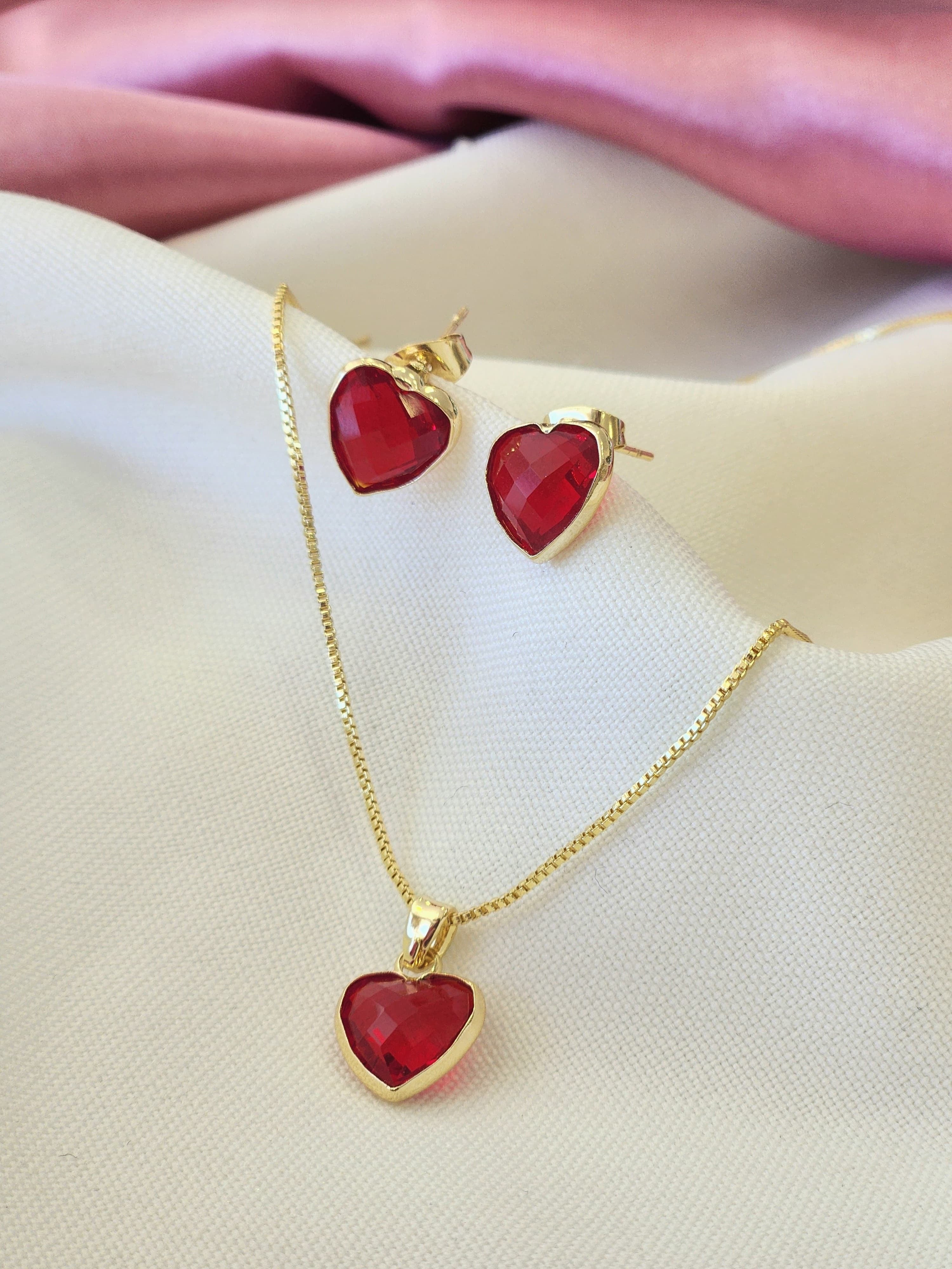 Collar y aretes corazon rojo #J5
