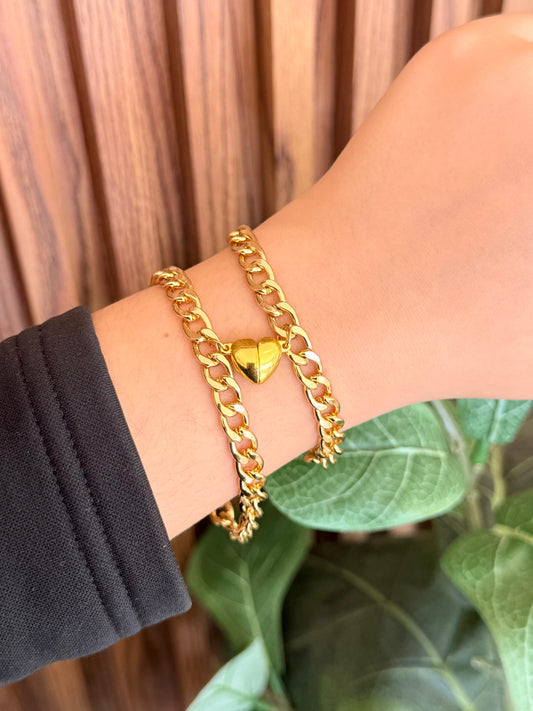 Pulsera eslabones gruesos iman corazon doradas#M19