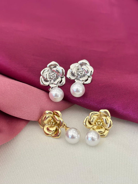 Aretes flor perla colgante #B12
