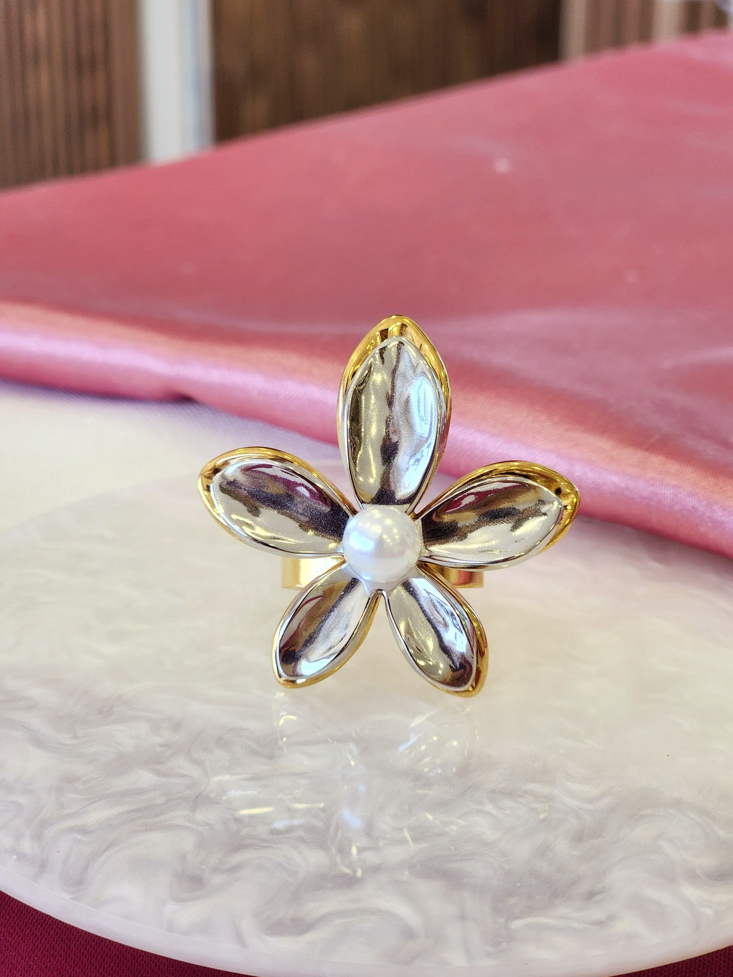 Anillos bicolor perla flor #G21