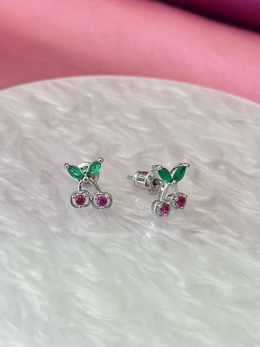 Aretes cereza plateada rosa y verde #E8