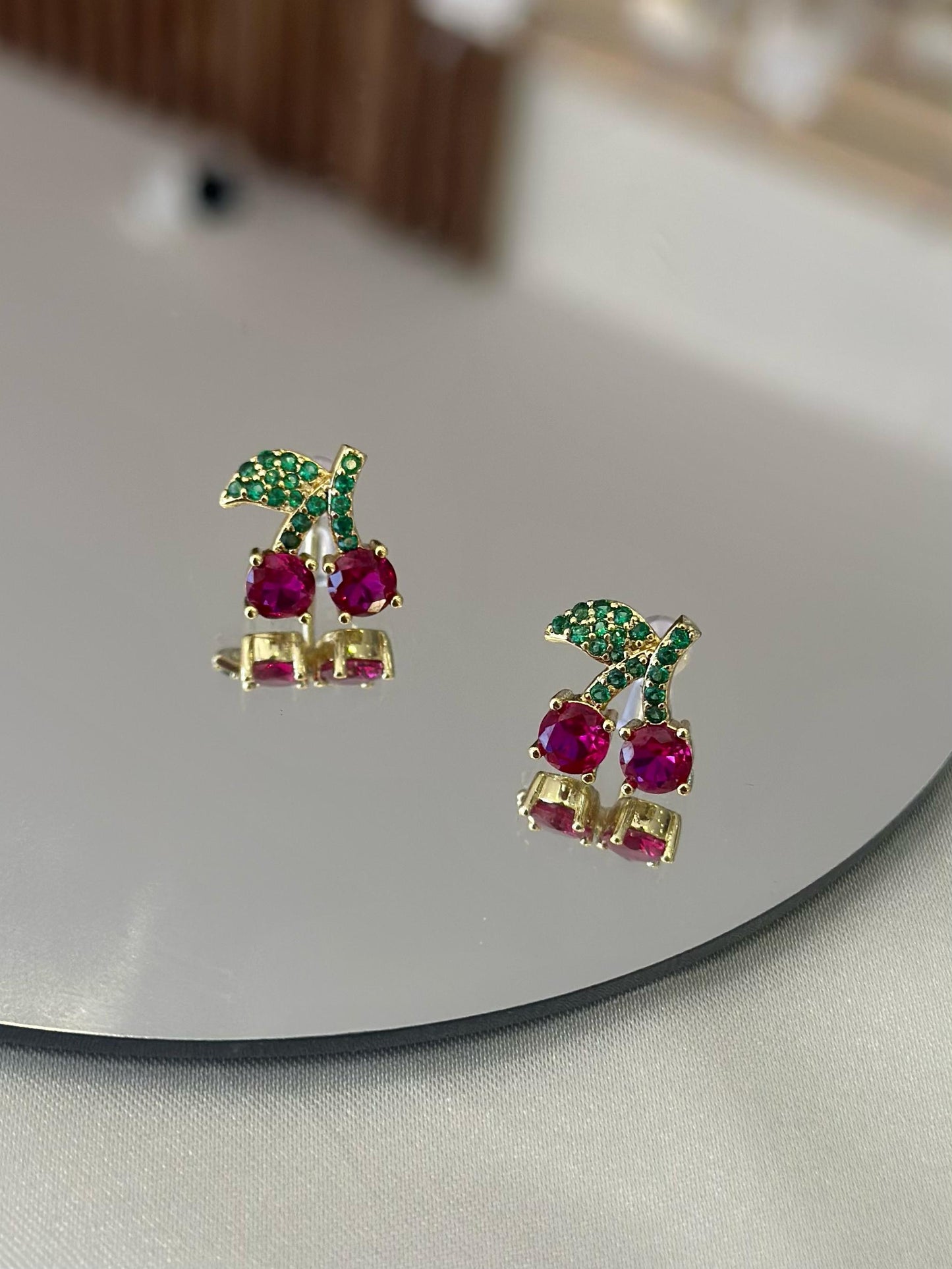 Aretes cerezas zirconias rosa hoja verde #C131