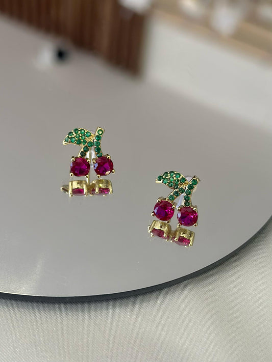 Aretes cerezas zirconias rosa hoja verde #C131