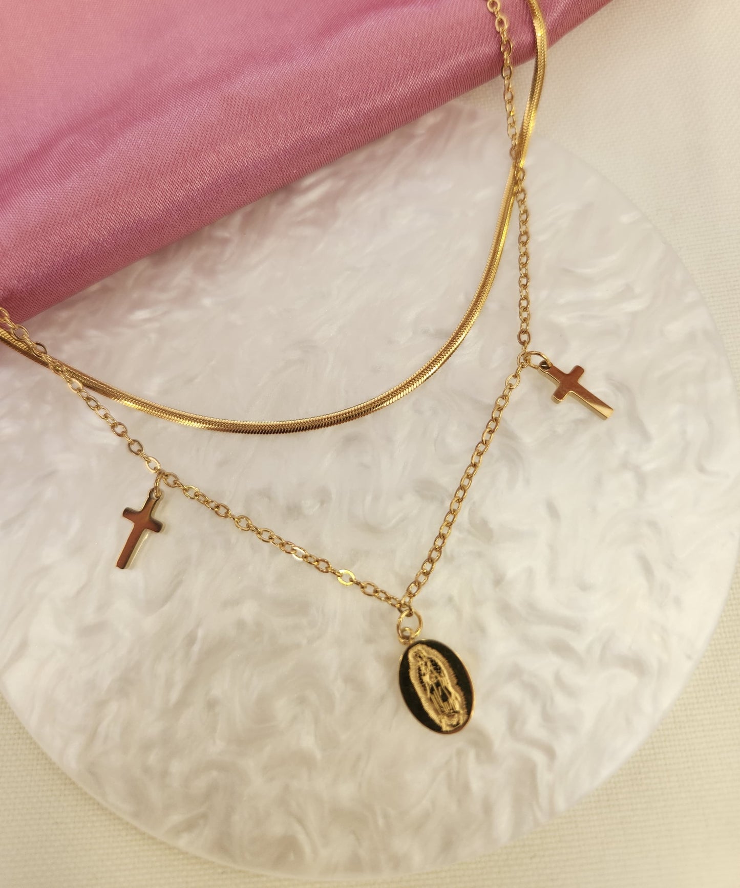 Collar doble (plana mini y dijes religiosos) #F27