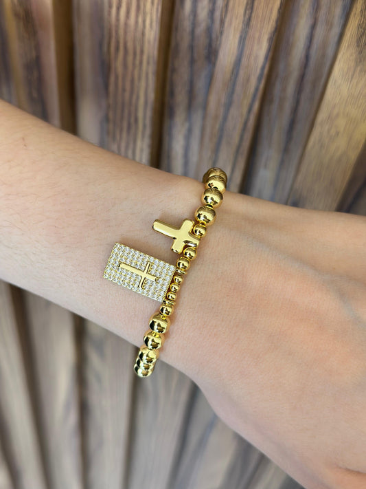 Pulsera rectangulo cruz bolitas #K64