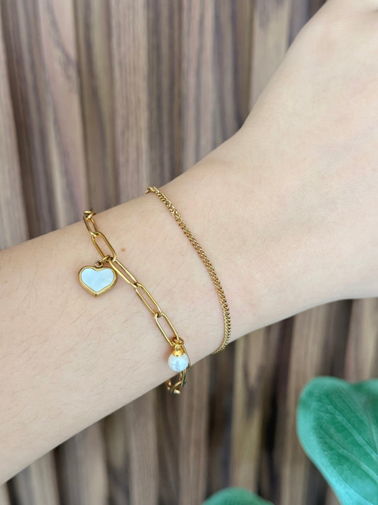 Pulsera doble corazon madre perla eslabones delgados y minis #J42
