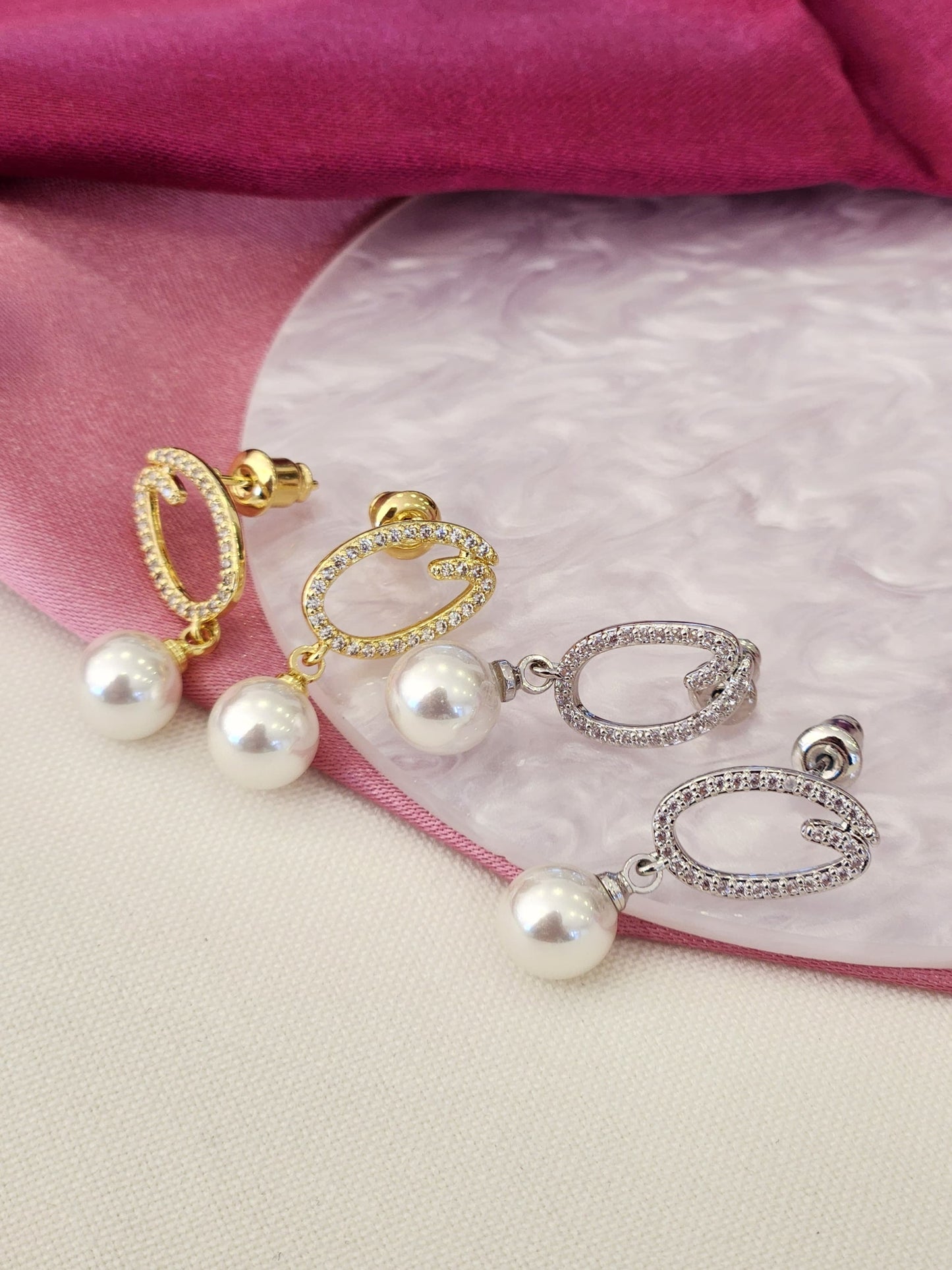 Aretes ovalado zirconia perla colgante #186
