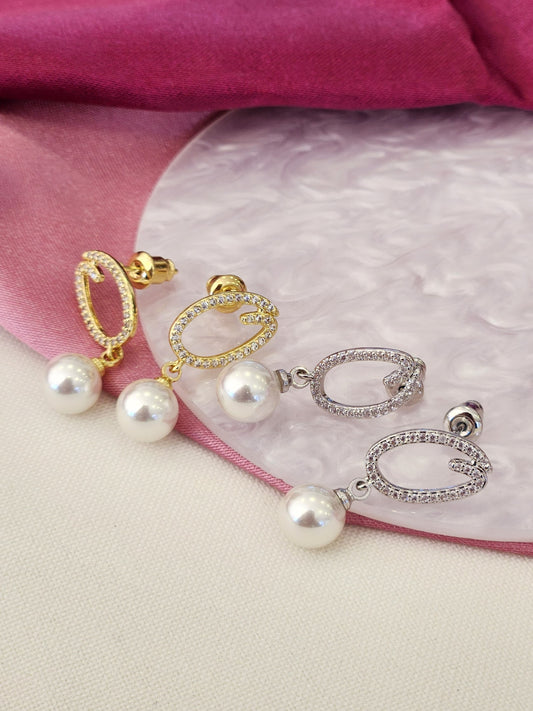 Aretes ovalado zirconia perla colgante #186