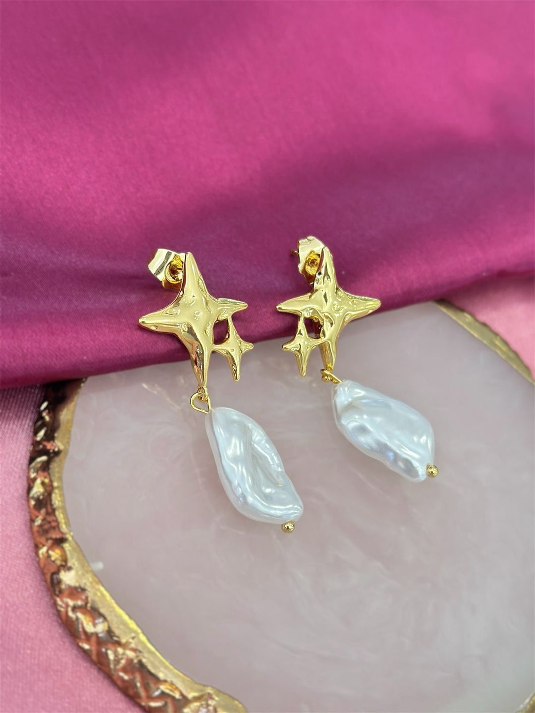 Aretes destellos perla colgante #E17