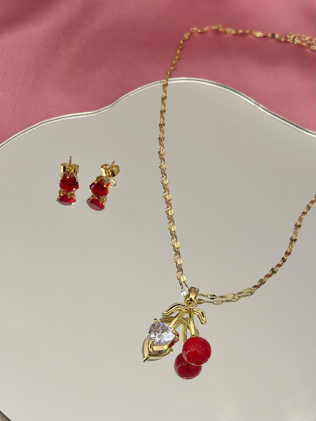 Collar y aretes cereza corazon zirconia con rojo #43