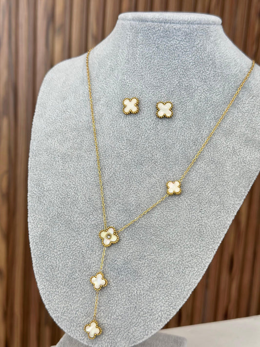 Collar y aretes trebol colgante con zirconia blanco #C146