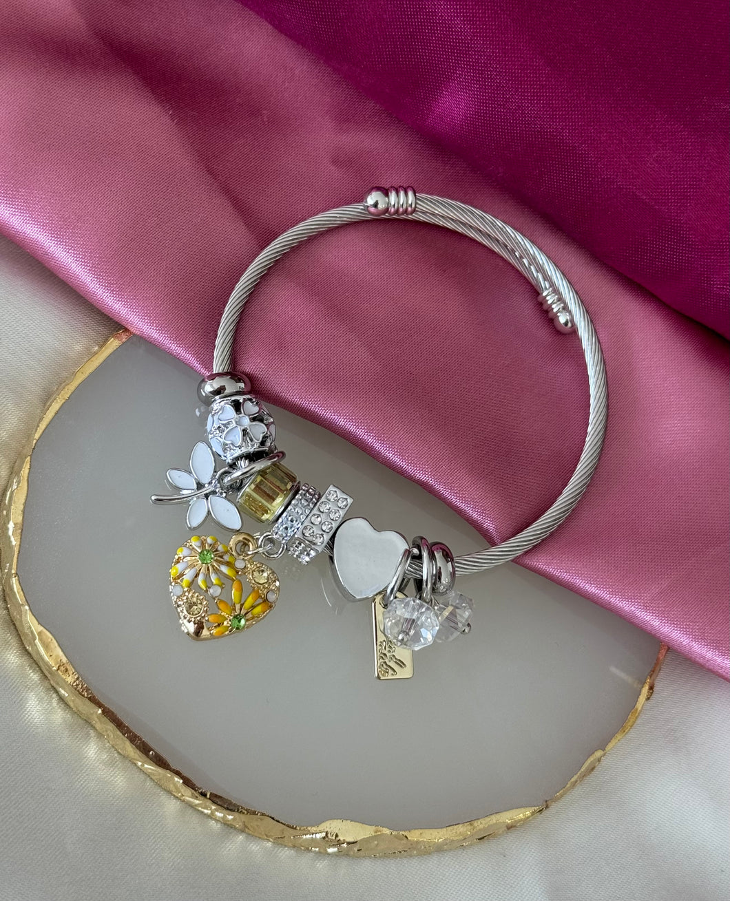 Pulsera tipo Pandora con charms corazon flores libelula #A12