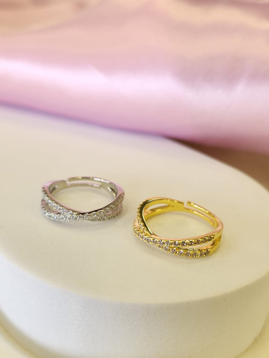 Anillo plateado cruzado zirconia delgado #F20