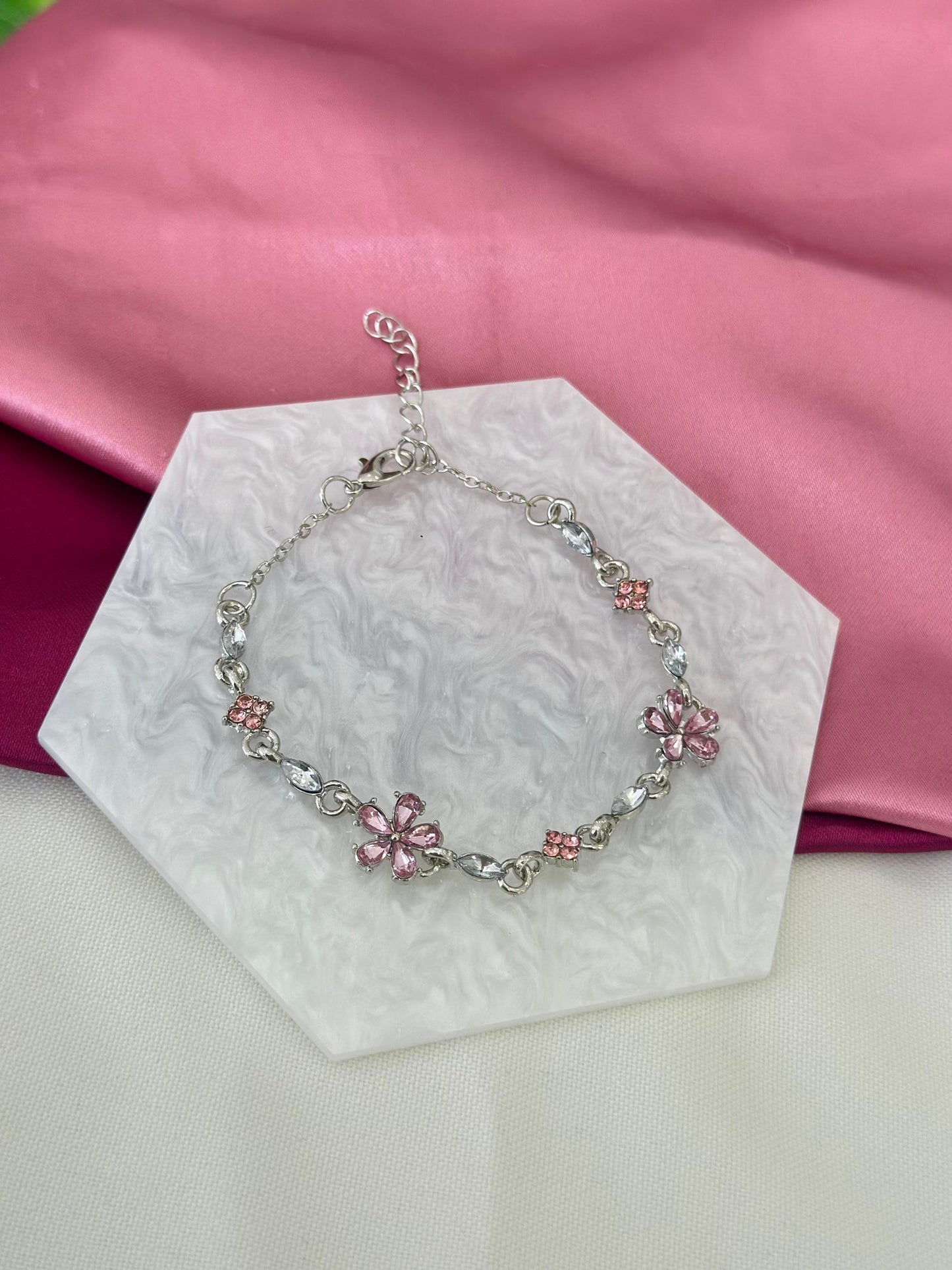 Pulsera plateada flor zirconia rosa #C147