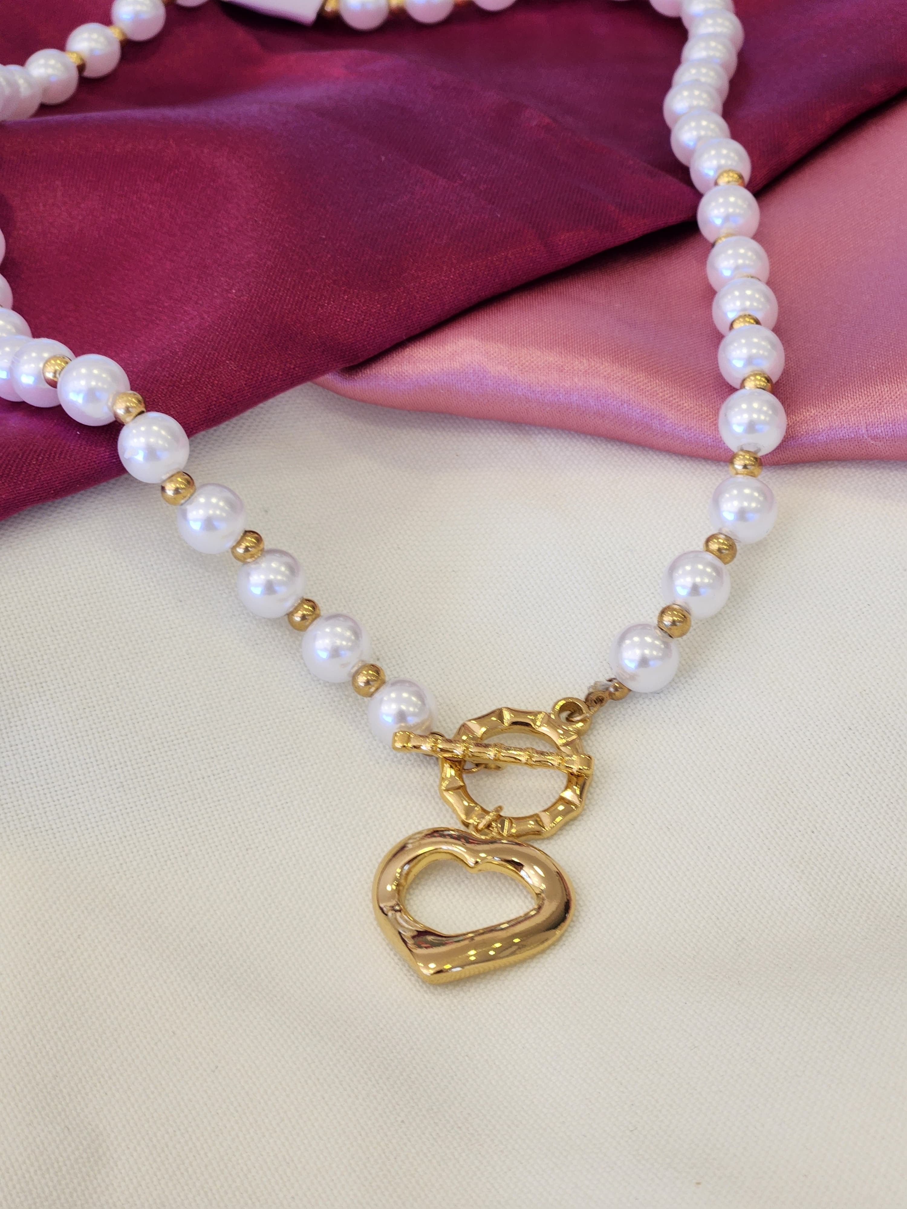 Collar perlas circulo palito corazon #J2