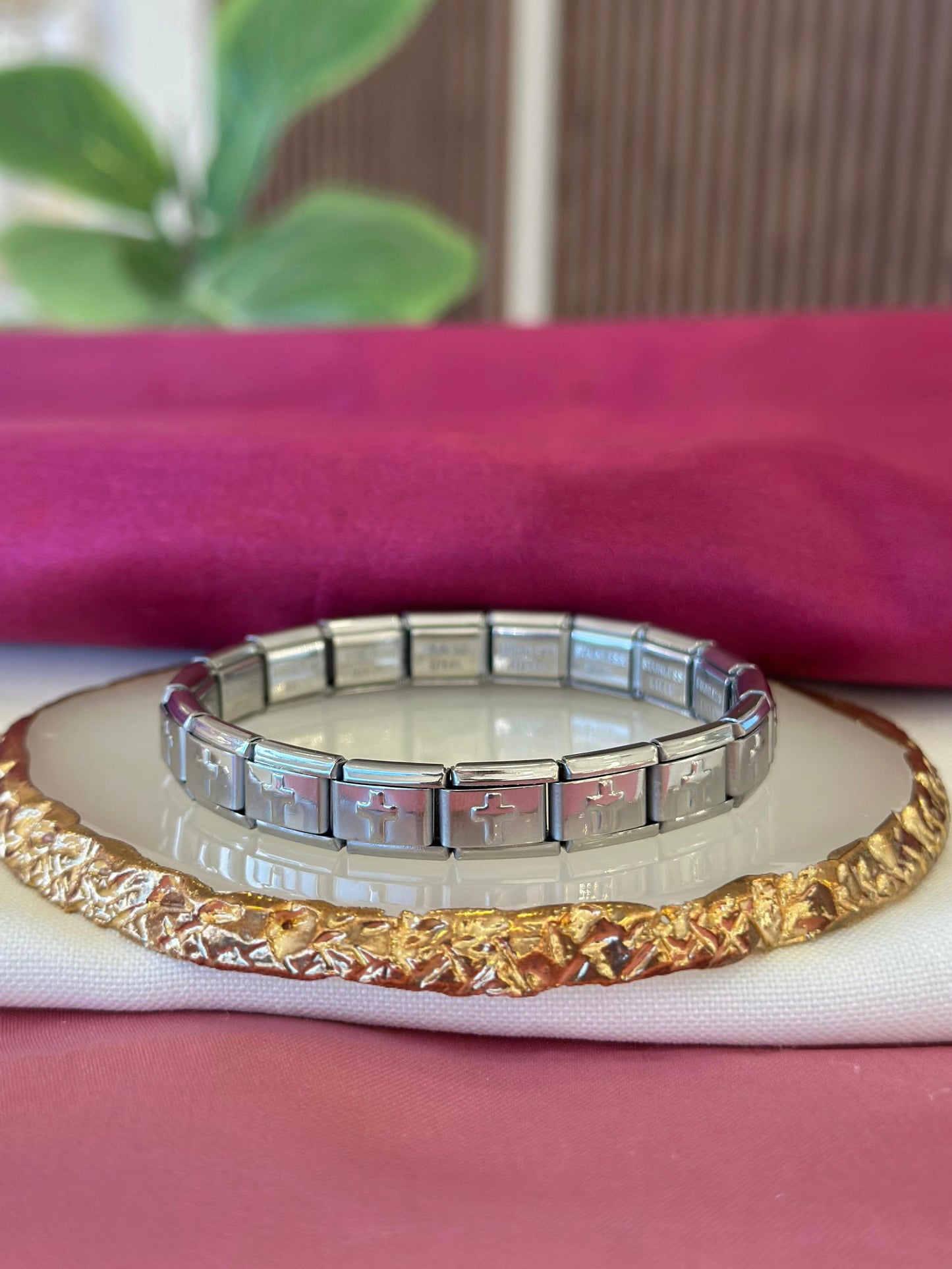 Pulsera italiana plateada cruces #K7