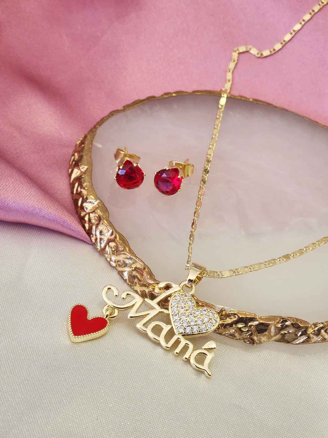 Set collar y aretes mama con corazon zirconia y corazon colgante #C122.1
