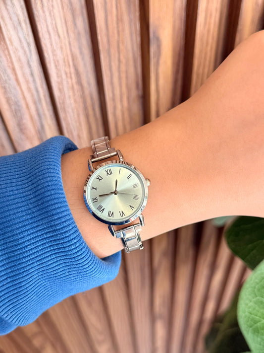 Reloj numeros romanos verde plateado #H3